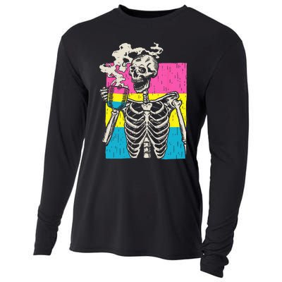 Skeleton Drinking Coffee LGBTQ Pansexual Pride Pan Flag Cooling Performance Long Sleeve Crew