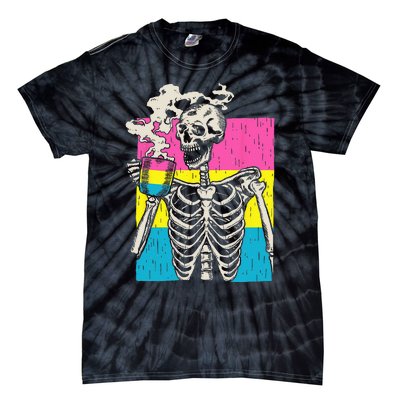 Skeleton Drinking Coffee LGBTQ Pansexual Pride Pan Flag Tie-Dye T-Shirt