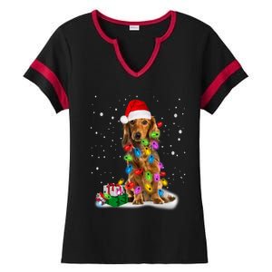 Santa Dachshund Christmas Tree Light Long Hair Dachshund Great Gift Ladies Halftime Notch Neck Tee