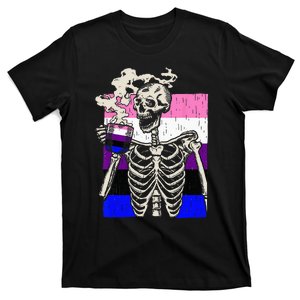 Skeleton Drinking Coffee LGBTQ Retro Genderfluid Pride Flag T-Shirt