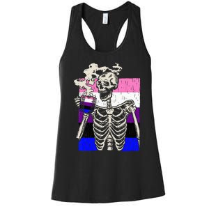 Skeleton Drinking Coffee LGBTQ Retro Genderfluid Pride Flag Women's Racerback Tank