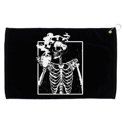 Skeleton Drinking Coffee Back Design White Grommeted Golf Towel