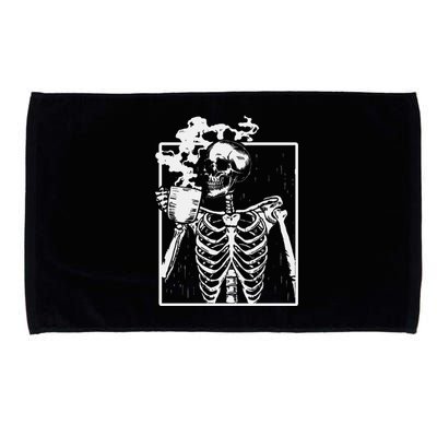 Skeleton Drinking Coffee Back Design White Microfiber Hand Towel