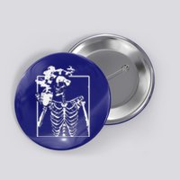 Skeleton Drinking Coffee Back Design White Button