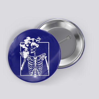 Skeleton Drinking Coffee Back Design White Button