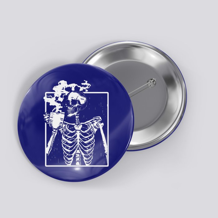 Skeleton Drinking Coffee Back Design White Button