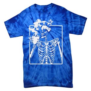 Skeleton Drinking Coffee Back Design White Tie-Dye T-Shirt