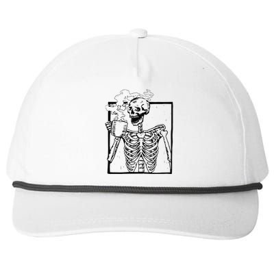 Skeleton Drinking Coffee Front Design Funny Snapback Five-Panel Rope Hat