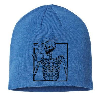 Skeleton Drinking Coffee Front Design Funny Sustainable Beanie