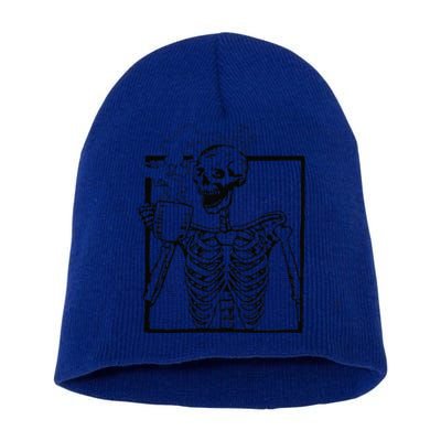 Skeleton Drinking Coffee Front Design Funny Short Acrylic Beanie