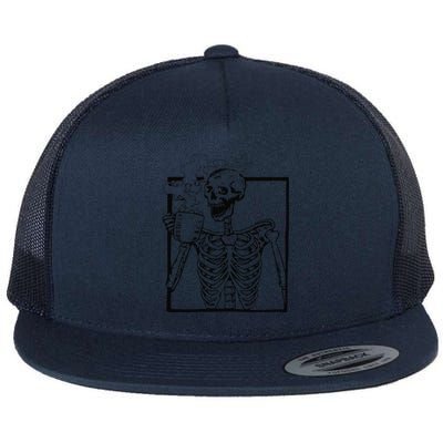 Skeleton Drinking Coffee Front Design Funny Flat Bill Trucker Hat