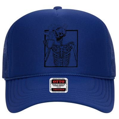 Skeleton Drinking Coffee Front Design Funny High Crown Mesh Back Trucker Hat