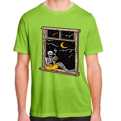 Skeleton Drinking Coffee Lover Funny Halloween Skull Themed Adult ChromaSoft Performance T-Shirt