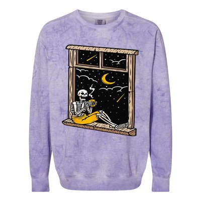 Skeleton Drinking Coffee Lover Funny Halloween Skull Themed Colorblast Crewneck Sweatshirt