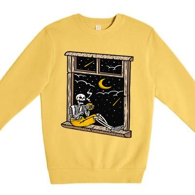 Skeleton Drinking Coffee Lover Funny Halloween Skull Themed Premium Crewneck Sweatshirt