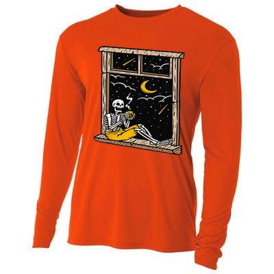 Skeleton Drinking Coffee Lover Funny Halloween Skull Themed Cooling Performance Long Sleeve Crew