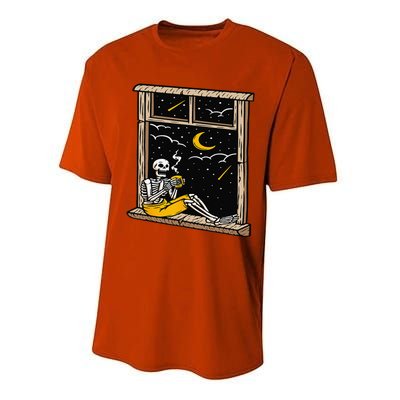 Skeleton Drinking Coffee Lover Funny Halloween Skull Themed Performance Sprint T-Shirt