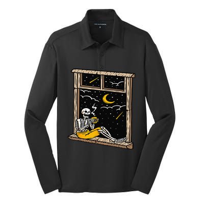 Skeleton Drinking Coffee Lover Funny Halloween Skull Themed Silk Touch Performance Long Sleeve Polo