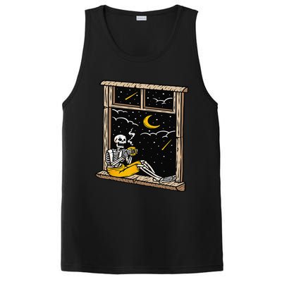 Skeleton Drinking Coffee Lover Funny Halloween Skull Themed PosiCharge Competitor Tank