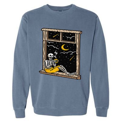 Skeleton Drinking Coffee Lover Funny Halloween Skull Themed Garment-Dyed Sweatshirt