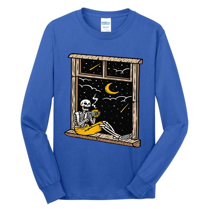 Skeleton Drinking Coffee Lover Funny Halloween Skull Themed Tall Long Sleeve T-Shirt