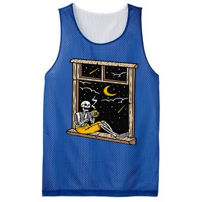 Skeleton Drinking Coffee Lover Funny Halloween Skull Themed Mesh Reversible Basketball Jersey Tank