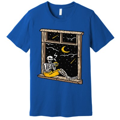 Skeleton Drinking Coffee Lover Funny Halloween Skull Themed Premium T-Shirt