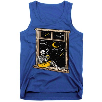 Skeleton Drinking Coffee Lover Funny Halloween Skull Themed Tank Top