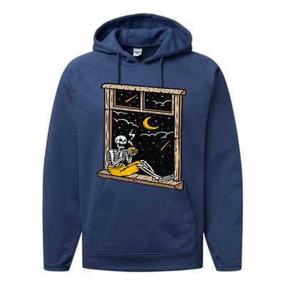 Skeleton Drinking Coffee Lover Funny Halloween Skull Themed Performance Fleece Hoodie