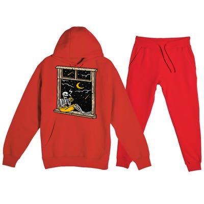 Skeleton Drinking Coffee Lover Funny Halloween Skull Themed Premium Hooded Sweatsuit Set