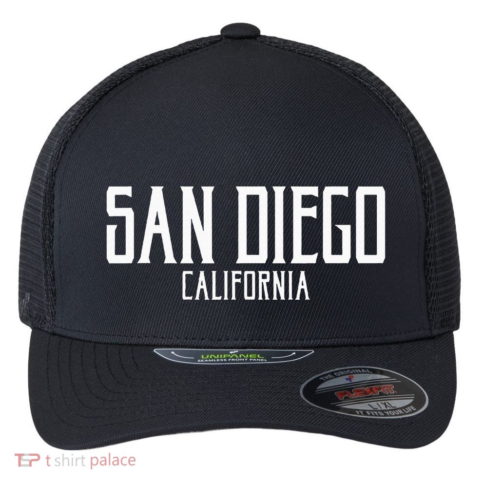 San Diego California Text With White Print Flexfit Unipanel Trucker Cap