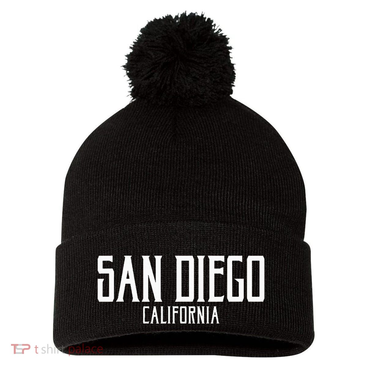 San Diego California Text With White Print Pom Pom 12in Knit Beanie