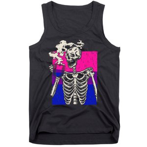 Skeleton Drinking Coffee LGBTQ Retro Bisexual Pride Flag Tank Top