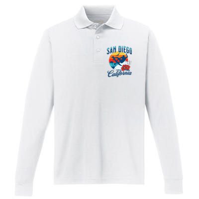 San Diego California Beach Surf Summer Vacation Vintage Performance Long Sleeve Polo