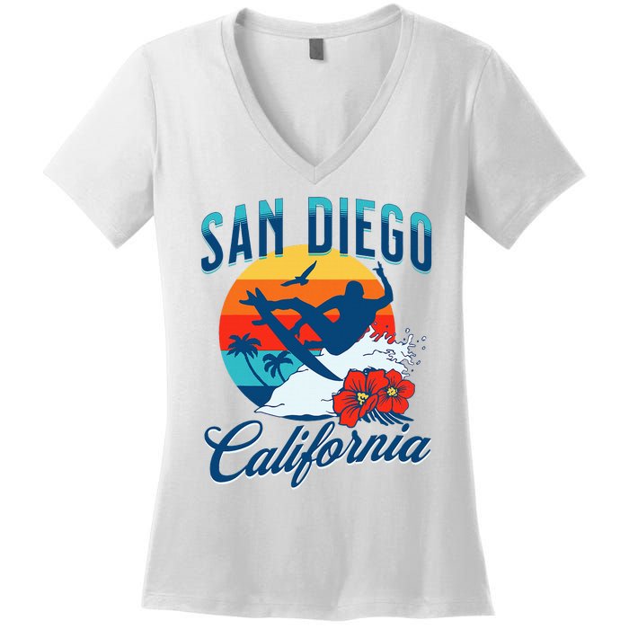 San Diego California Beach Surf Summer Vacation Vintage Women's V-Neck T-Shirt