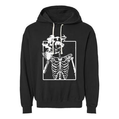 Skeleton Drinking Coffee Front Design White Garment-Dyed Fleece Hoodie