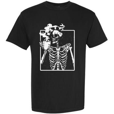 Skeleton Drinking Coffee Front Design White Garment-Dyed Heavyweight T-Shirt