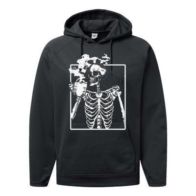 Skeleton Drinking Coffee Front Design White Performance Fleece Hoodie