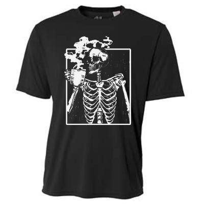 Skeleton Drinking Coffee Front Design White Cooling Performance Crew T-Shirt