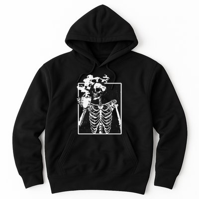 Skeleton Drinking Coffee Front Design White Hoodie