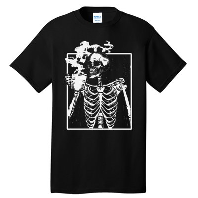 Skeleton Drinking Coffee Front Design White Tall T-Shirt