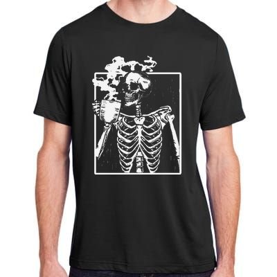 Skeleton Drinking Coffee Front Design White Adult ChromaSoft Performance T-Shirt