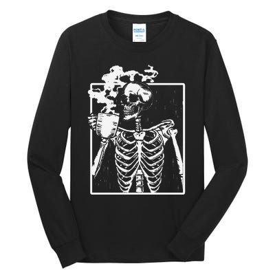 Skeleton Drinking Coffee Front Design White Tall Long Sleeve T-Shirt