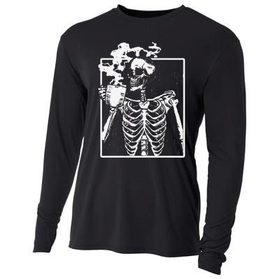 Skeleton Drinking Coffee Front Design White Cooling Performance Long Sleeve Crew