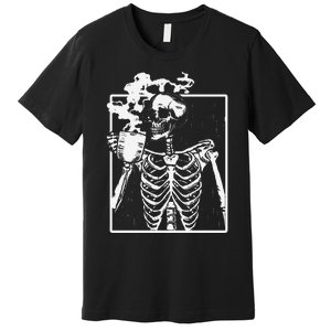 Skeleton Drinking Coffee Front Design White Premium T-Shirt