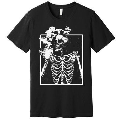 Skeleton Drinking Coffee Front Design White Premium T-Shirt