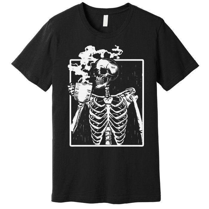 Skeleton Drinking Coffee Front Design White Premium T-Shirt