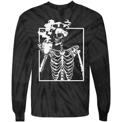 Skeleton Drinking Coffee Front Design White Tie-Dye Long Sleeve Shirt