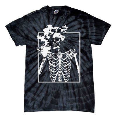 Skeleton Drinking Coffee Front Design White Tie-Dye T-Shirt