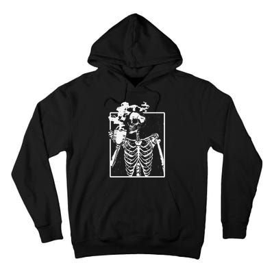 Skeleton Drinking Coffee Front Design White Tall Hoodie